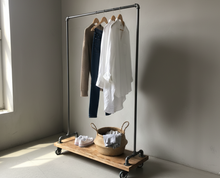 Load image into Gallery viewer, Modern Industrial Pipe and Wood Clothing Rack - with base - Pipe And Wood Designs 