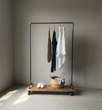 Load image into Gallery viewer, Modern Industrial Pipe and Wood Clothing Rack - with base - Pipe And Wood Designs 